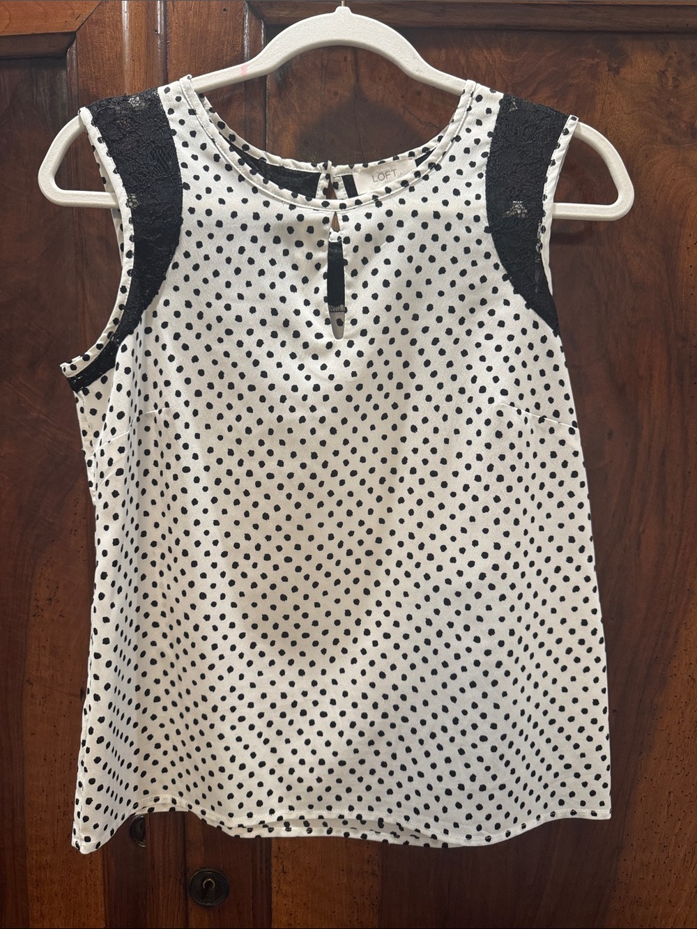 LOFT White Polka Dot Sleeveless Top with Black Lace Shoulders